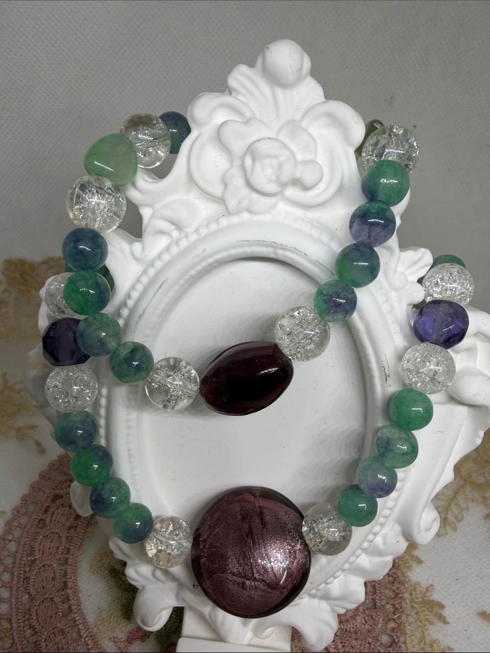 Handmade Agate Necklace & Bracelet Set | Vintage Lampwork & Crystal | OOAK